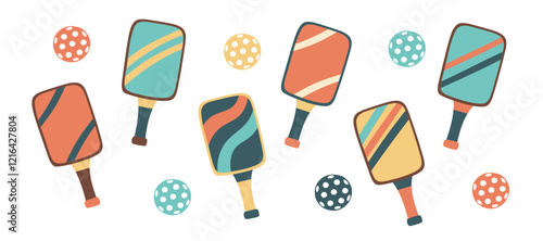 Set of pickleball paddles and balls isolated on white. Concept of sport, activities, hobbies, leisure, healthy lifestyle. Vector hand drawn cliparts.