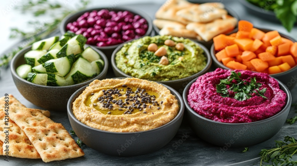 Colorful dips, veggie crudit?s, & crackers, party platter Colorful dips, veggie crudit?s, & crackers, party platter