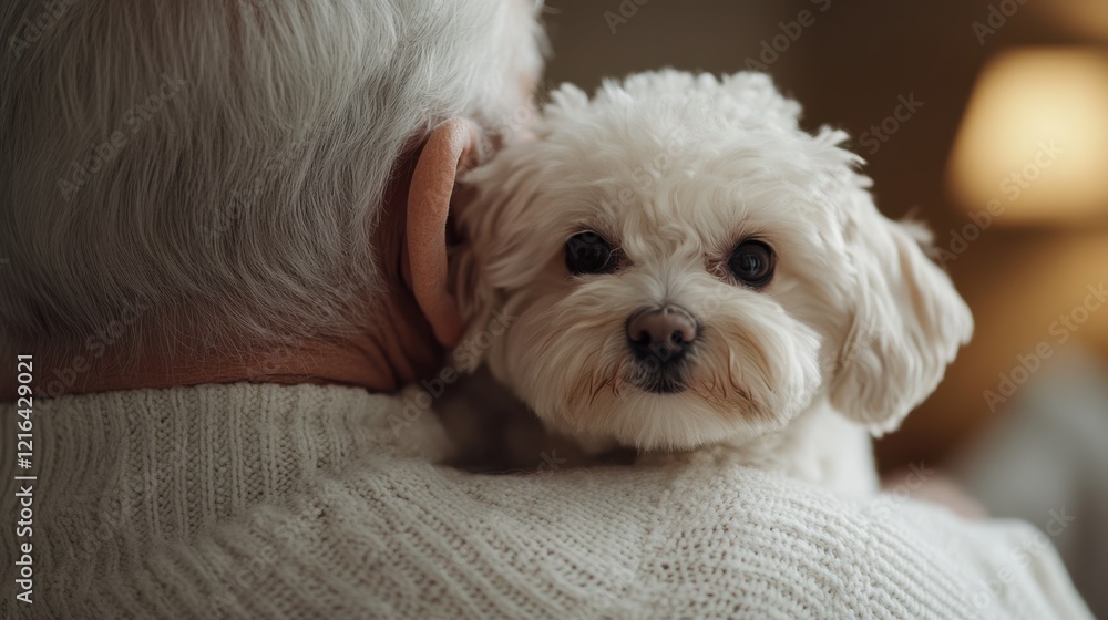 A cozy scene featuring a fluffy white dog resting on the shoulder of a person, conveying warmth and companionship. A cozy scene featuring a fluffy white dog resting on the shoulder of a person, conveying warmth and companionship.