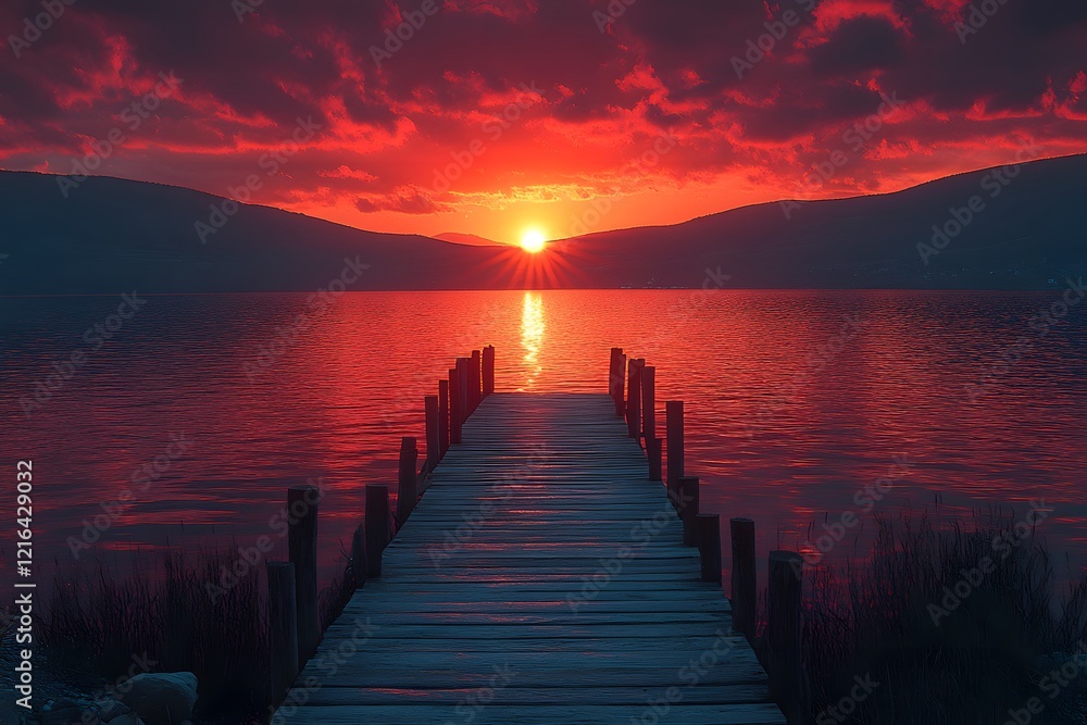 Sunset over a wooden pier by the calm sea Sunset over a wooden pier by the calm sea