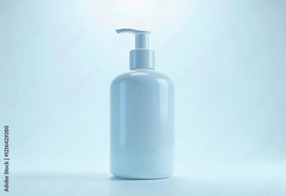 Minimalistic White Pump Bottle Stands Against a Soft Blue Background. Generative AI Minimalistic White Pump Bottle Stands Against a Soft Blue Background. Generative AI