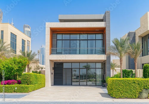 Modern villa in Dubai  with white walls and concrete accents  glass windows  palm trees outside  greenery around the yard