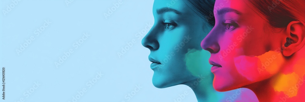 Duality of Human Emotion Represented Through Colorful Profiles of Two Women, One in Blue Tones and the Other in Red Tones, Symbolizing Contrast and Harmony Duality of Human Emotion Represented Through Colorful Profiles of Two Women, One in Blue Tones and the Other in Red Tones, Symbolizing Contrast and Harmony