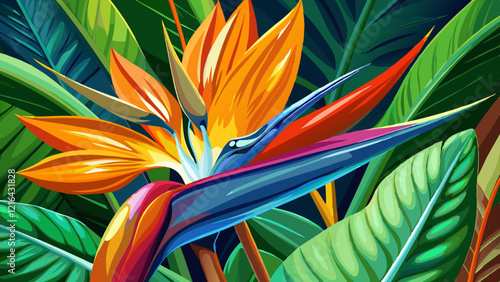 A close-up of a tropical bird of paradise flower, with its striking orange and blue petals standing out against green foliage