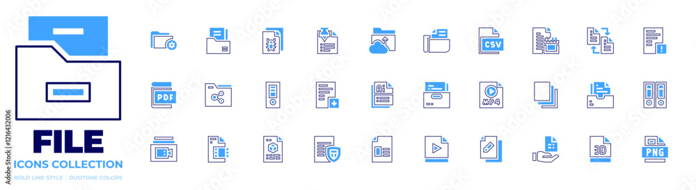 File icon collection. Bold line style. Duotone colors. file, pdf file, file sharing, video file, d file, files, ai file format, text file, mp file format, paper File icon collection. Bold line style. Duotone colors. file, pdf file, file sharing, video file, d file, files, ai file format, text file, mp file format, paper