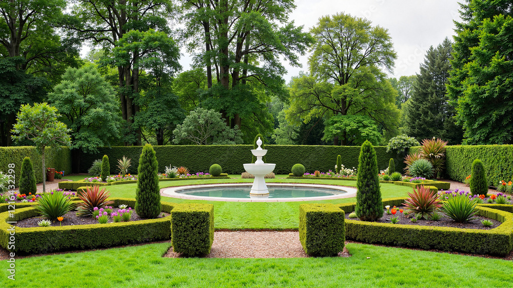 Formal garden with fountain and manicured hedges Formal garden with fountain and manicured hedges