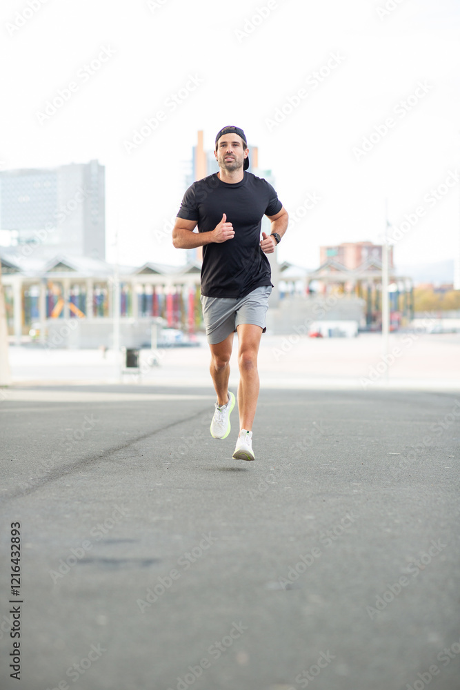 Man in athletic wear jogging on an urban street during fitness training Man in athletic wear jogging on an urban street during fitness training