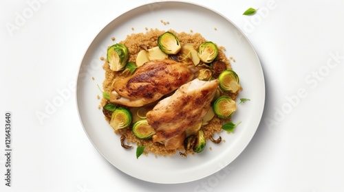 Grilled chicken breast served with roasted Brussels sprouts and quinoa on a white plate