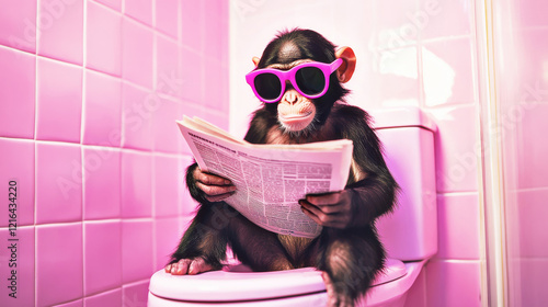 Monkey reading a newspaper on the toilet