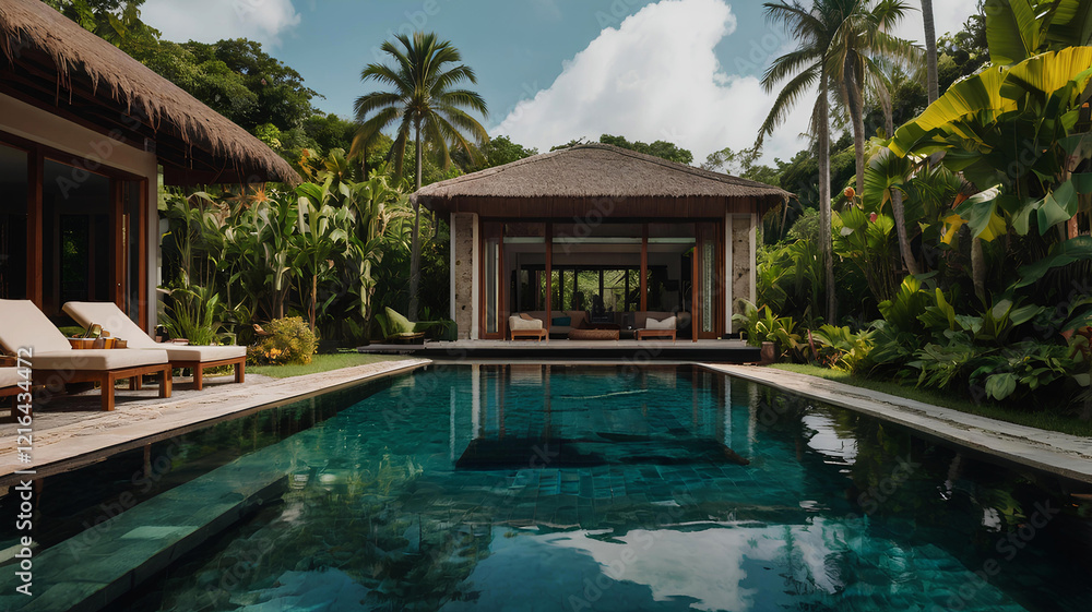 Fototapeta premium Remote work in a tropical villa with an infinity pool and lush garden backdrop, General AI
