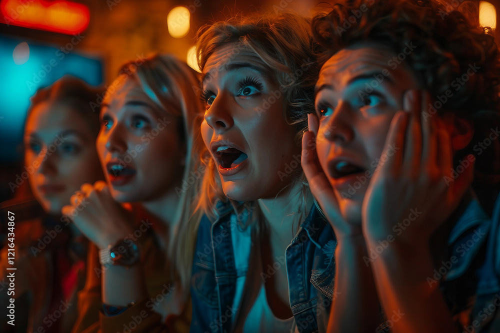 Tension in the Air: Friends on Edge During a Suspenseful Movie Scene Tension in the Air: Friends on Edge During a Suspenseful Movie Scene