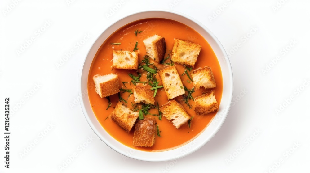 Tomato soup with crispy bread cubes garnished with herbs served in a white bowl on a plain background Tomato soup with crispy bread cubes garnished with herbs served in a white bowl on a plain background