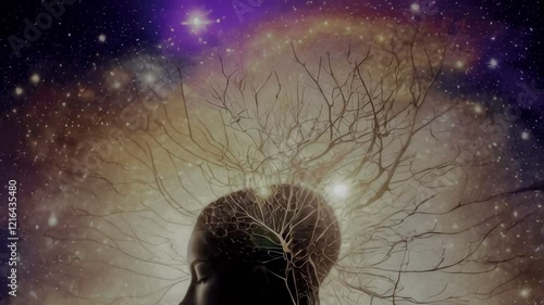 silhouette of a human head with a glowing brain with neural networks, nerves, in the form of branches, bundles, receives impulses, concept of the mind, development of intelligence photo