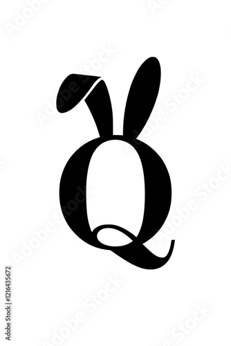 Letter Q with bunny ears design, Stylized black letter Q featuring playful rabbit ears on a white background, blending modern typography with a fun and whimsical concept.  
  
