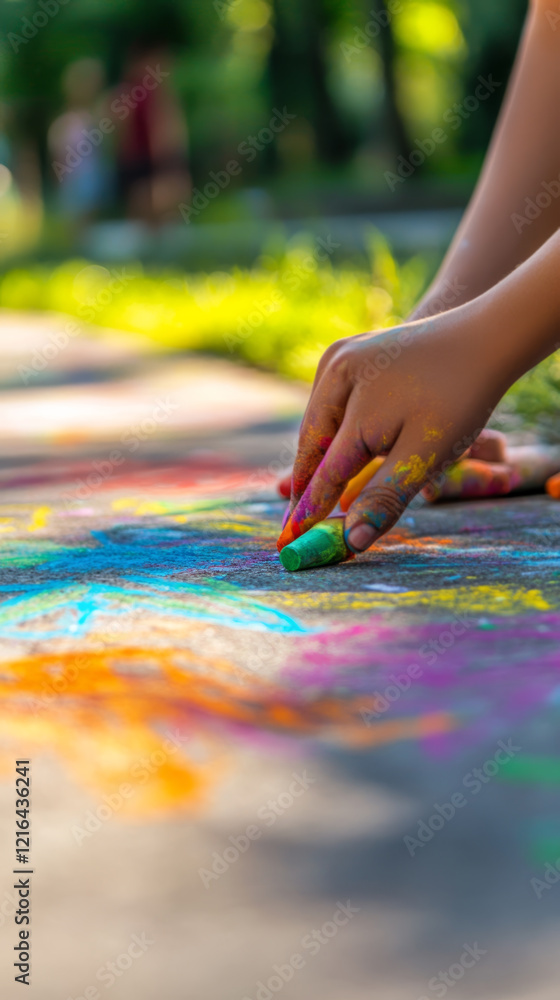 Obraz premium Hands Drawing Colorful Chalk Art on Sidewalk