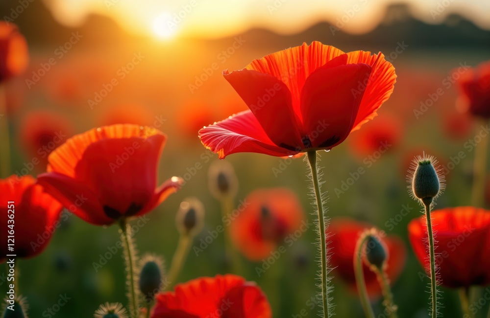 Naklejka premium Beautiful red poppies bloom in a field at sunrise. Sunlight highlights the delicate petals and slender stems. Nature scene with a tranquil and relaxing feeling. Perfect for a summer or spring display.