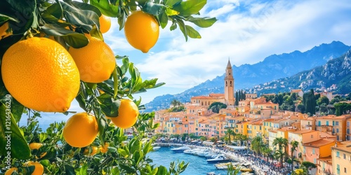 Wallpaper Mural Lemon trees overlooking picturesque coastal village with colorful buildings, harbor, and mountains in background Torontodigital.ca