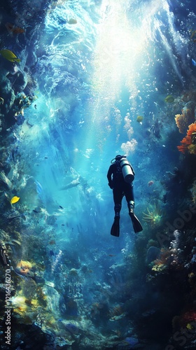 Wallpaper Mural Diver Exploring Vibrant Underwater World with Colorful Coral Reefs and Marine Life Torontodigital.ca