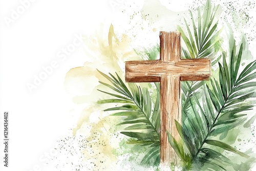 Wallpaper Mural Kreuz aus Holz mit Palmblättern, Aquarell symbolisch für den Palmsonntag  Torontodigital.ca