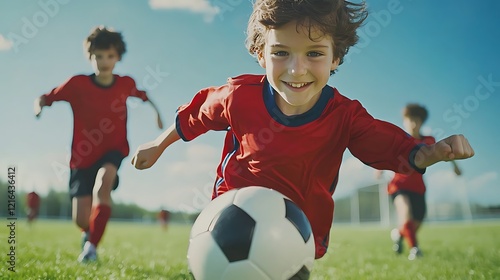 Happy boy dribbling soccer ball, teammates running, sunny field