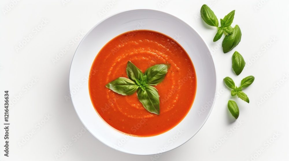 Fresh tomato soup garnished with basil leaves in a white bowl on a light background Fresh tomato soup garnished with basil leaves in a white bowl on a light background