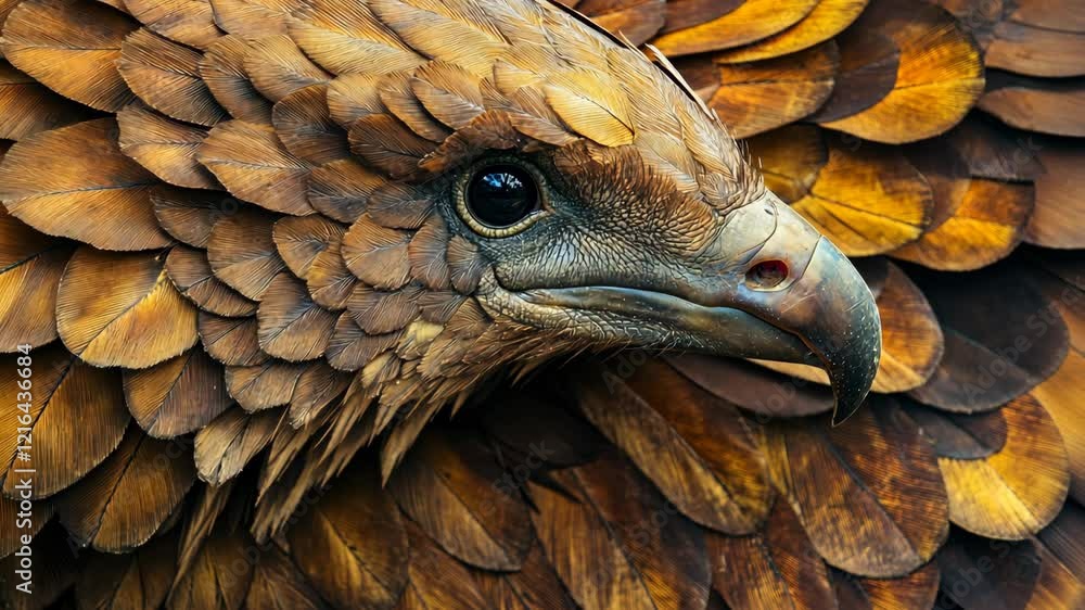 Detailed close-up of a majestic bird with intricately textured plumage in natural hues Detailed close-up of a majestic bird with intricately textured plumage in natural hues