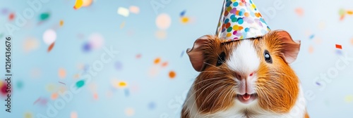 Guinea pig wearing colorful party hat celebrating with confetti, joyful expression, festive atmosphere, vibrant colors, adorable pet photo