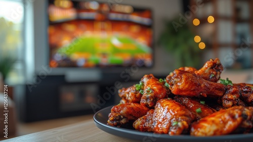 Closeup plate of buffalo wings, blurry big TV screen with American football game on in background. Watching football match at home