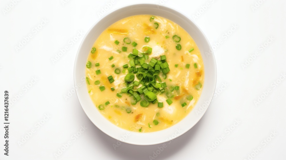 Delicious creamy soup topped with fresh green onions served in a white bowl Delicious creamy soup topped with fresh green onions served in a white bowl