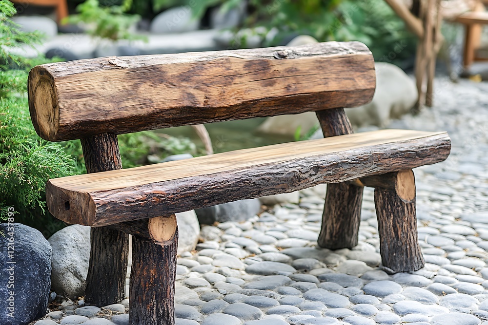 Fototapeta premium Rustic Wooden Log Bench in Garden Setting