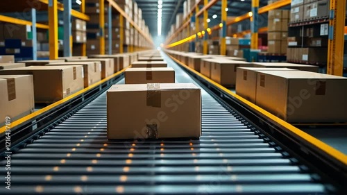 Boxes traveling on a conveyor belt in a large warehouse during the day