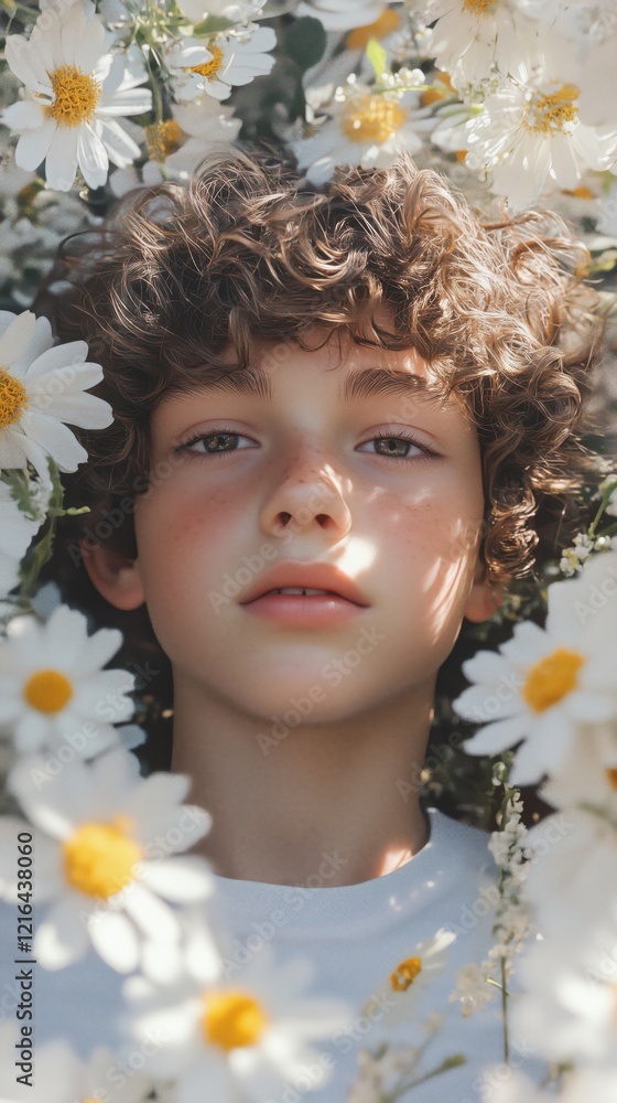 Boy surrounded by daisies, soft sunlight illuminating face, curly hair, freckles, serene expression, nature, floral beauty, innocence, youth Boy surrounded by daisies, soft sunlight illuminating face, curly hair, freckles, serene expression, nature, floral beauty, innocence, youth