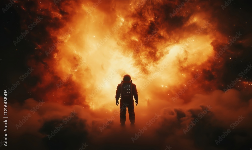 Fototapeta premium Astronaut standing amidst cosmic explosion, vibrant colors, deep space, ethereal clouds, celestial phenomena, exploration, adventure, science fiction