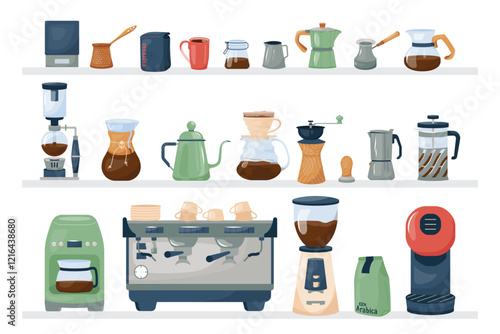 Collection of coffee making tools and ingredients, coffee machine, cezve, grinder, french press Flat vector design brewing equipment for menus, cafes or coffee shop Elegant set of coffee variety items