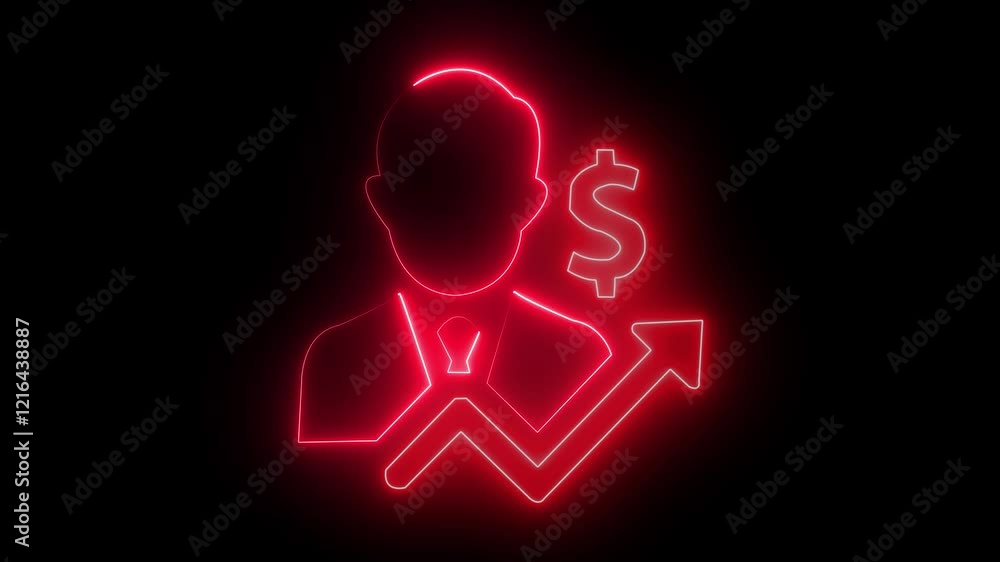 Neon glowing red color man icon animation in black background. Happy professional and entrepreneur or financial advisor concept Neon glowing red color man icon animation in black background. Happy professional and entrepreneur or financial advisor concept