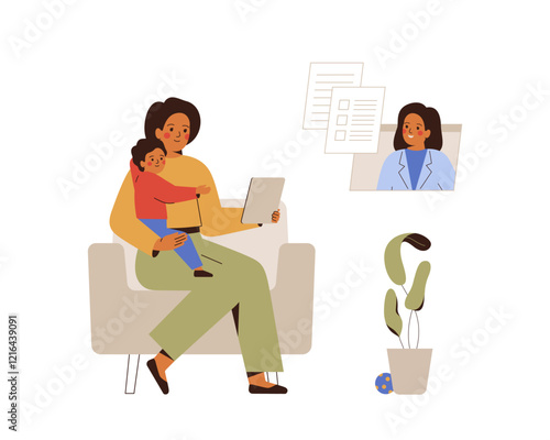 Telemedicine and online appointment. Mother with child and doctor have video call. Podiatrist provides remote consultation with young woman and baby, recommendation and prescription for medication