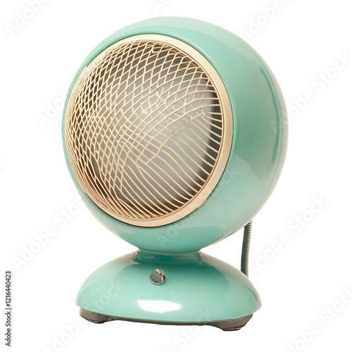 Retro teal fan heater, white background, studio shot, home appliance