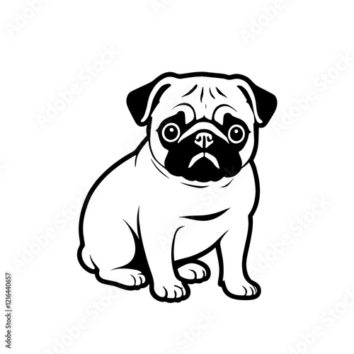 Balck an White Illustration of a Cute pug sitting with an adorable expression in a simple black and white design