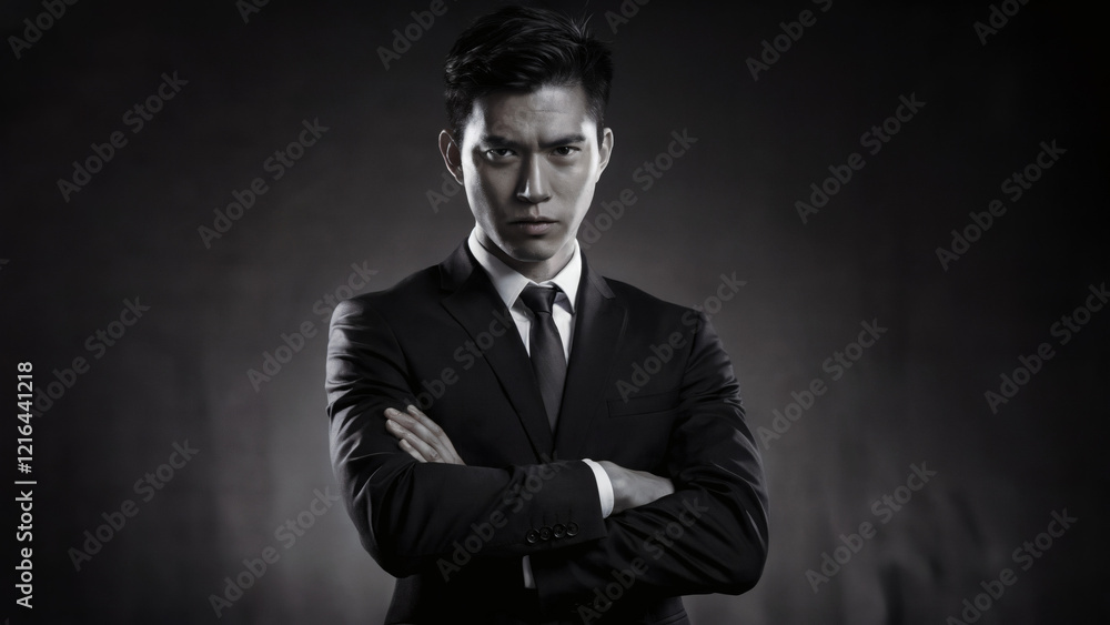 Fototapeta premium 腕を組んで立ち, 自信と競争心をにじませている, 20代後半か30代前半の若い野心的なアジア系ビジネスマン
