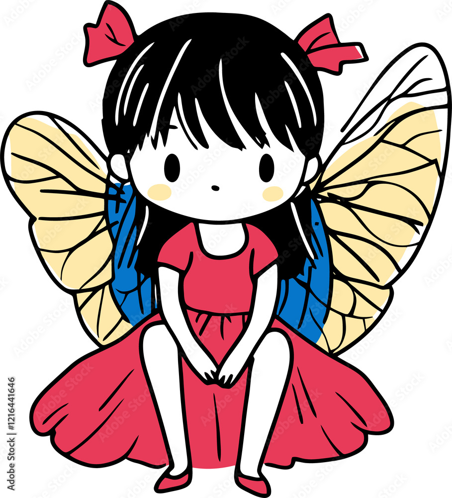 Adorable Fairy Girl with Butterfly Wings in Red Dress - Cute Fantasy Illustration Adorable Fairy Girl with Butterfly Wings in Red Dress - Cute Fantasy Illustration
