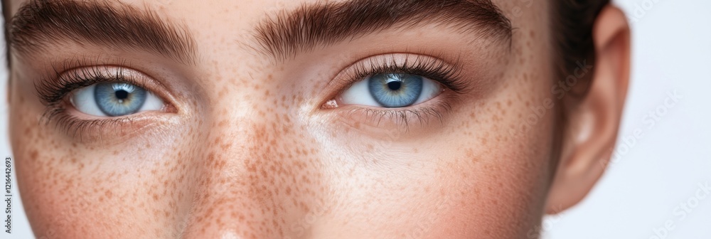 Naklejka premium Close-up portrait of a young woman with striking blue eyes and natural freckles, showcasing flawless skin and detailed eyelashes