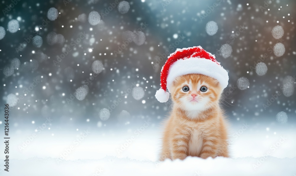 Adorable orange kitten wearing Santa hat in snowy winter landscape with falling snowflakes, festive holiday spirit Adorable orange kitten wearing Santa hat in snowy winter landscape with falling snowflakes, festive holiday spirit