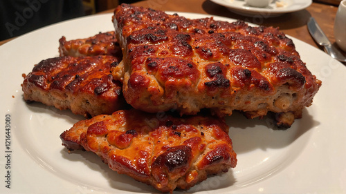 BBQ chicken thighs with glaze on plate photo