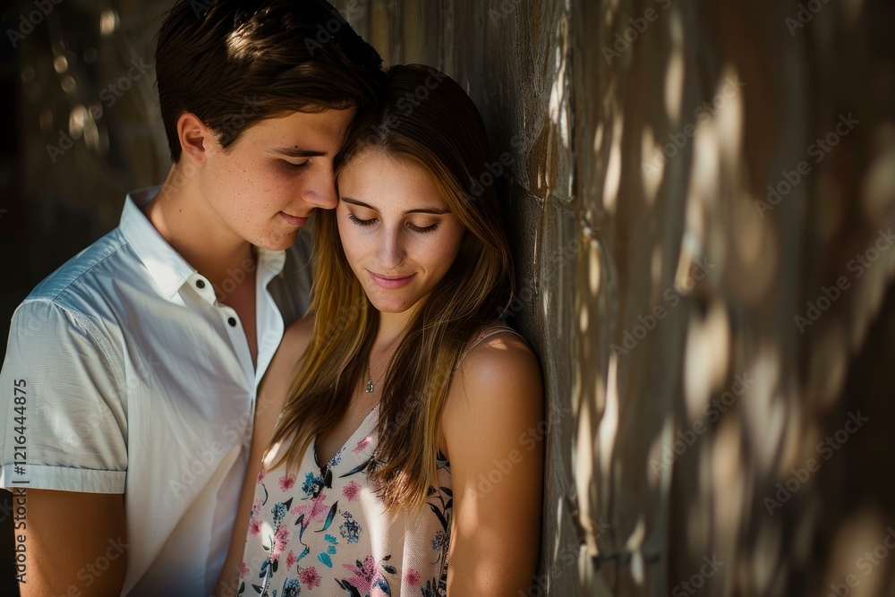 Romantic couple embracing and enjoying intimacy in a peaceful setting with dappled light Romantic couple embracing and enjoying intimacy in a peaceful setting with dappled light