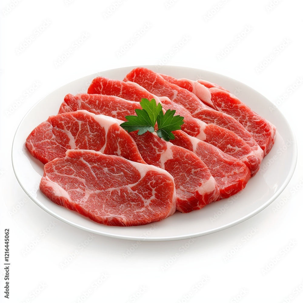 Sliced Pork for Stir-fry: A plate of fresh, thinly sliced pork ready for stir-fry. The rich red color of the meat is vibrant against the plate. Garnished with a sprig of parsley. Sliced Pork for Stir-fry: A plate of fresh, thinly sliced pork ready for stir-fry. The rich red color of the meat is vibrant against the plate. Garnished with a sprig of parsley.