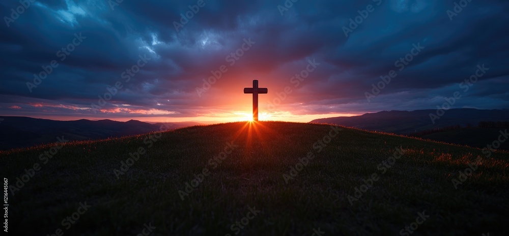 Fototapeta premium Sunset Cross Hilltop Landscape