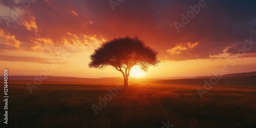Dramatic African Savanna Sunset with Vibrant Sky and Lone Acacia Tree in Majestic Landscape, Generative AI