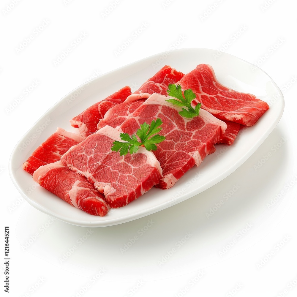 Sliced Beef for Grilling: Thinly sliced pieces of fresh, red beef, ready for grilling, arranged artfully on an oval white plate, garnished with a sprig of parsley. Sliced Beef for Grilling: Thinly sliced pieces of fresh, red beef, ready for grilling, arranged artfully on an oval white plate, garnished with a sprig of parsley.