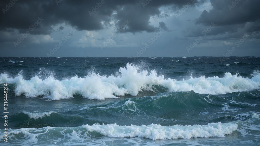 Fototapeta premium Stormy ocean waves under dramatic cloudy sky