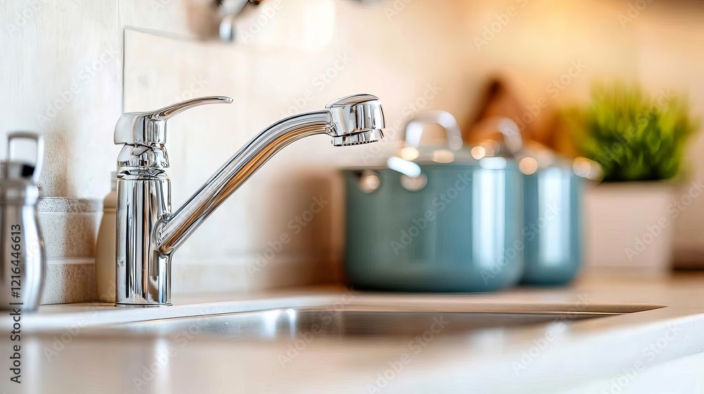 Chrome faucet with a double-jointed spout, ideal for filling large pots in a kitchen Chrome faucet with a double-jointed spout, ideal for filling large pots in a kitchen